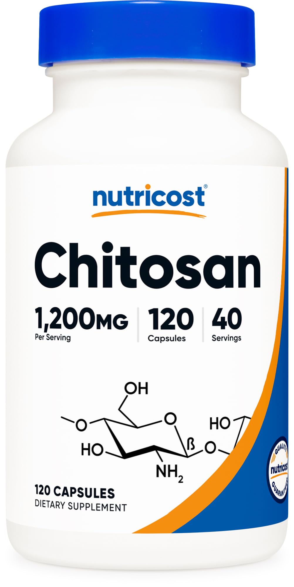 Nutricost quitósano cápsulas 1200 mg, botella visible para uso diario y fácil de tragar.