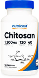 Nutricost quitósano cápsulas 1200 mg, botella visible para uso diario y fácil de tragar.