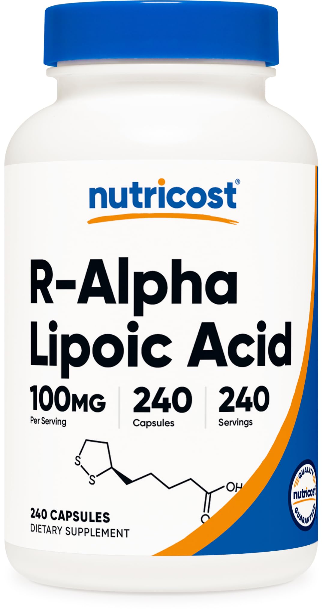 Nutricost R-ALA botella frontal, dosis diaria de 100 mg fácil de recordar