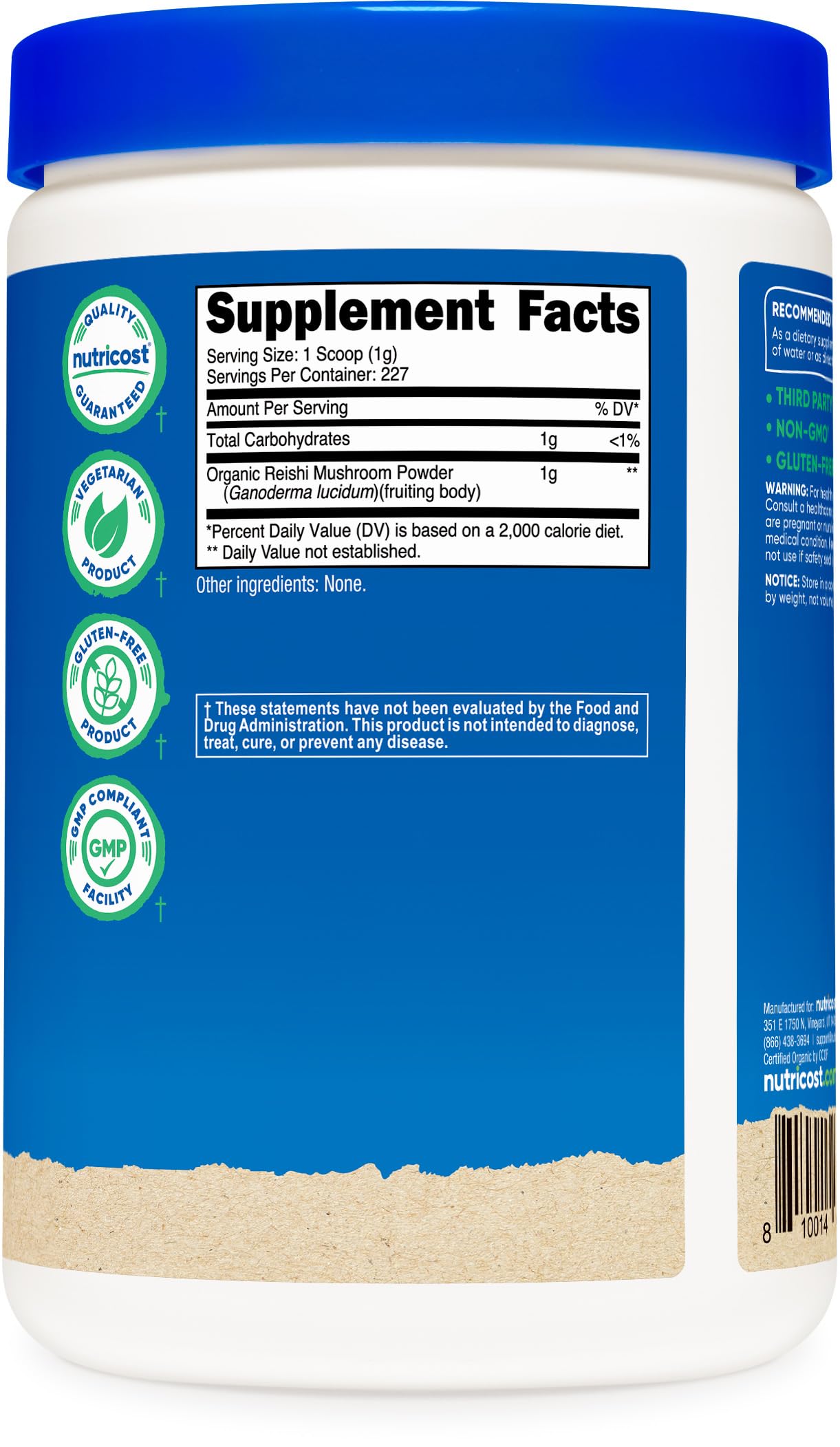 Nutricost Reishi, empaque seguro para almacenar en despensa.