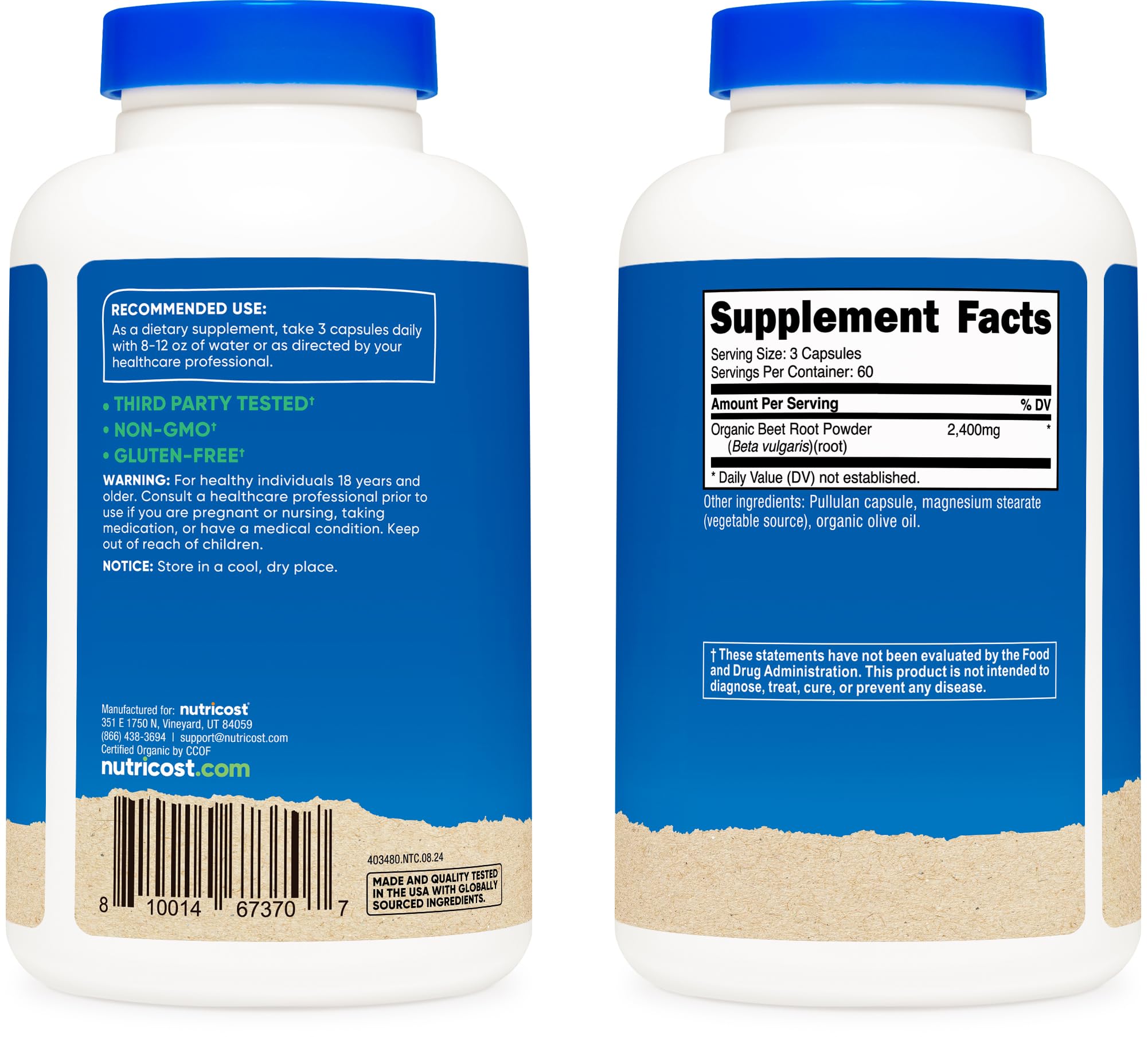 Nutricost Remolacha 2400mg: ingredientes claros para consumidores conscientes.