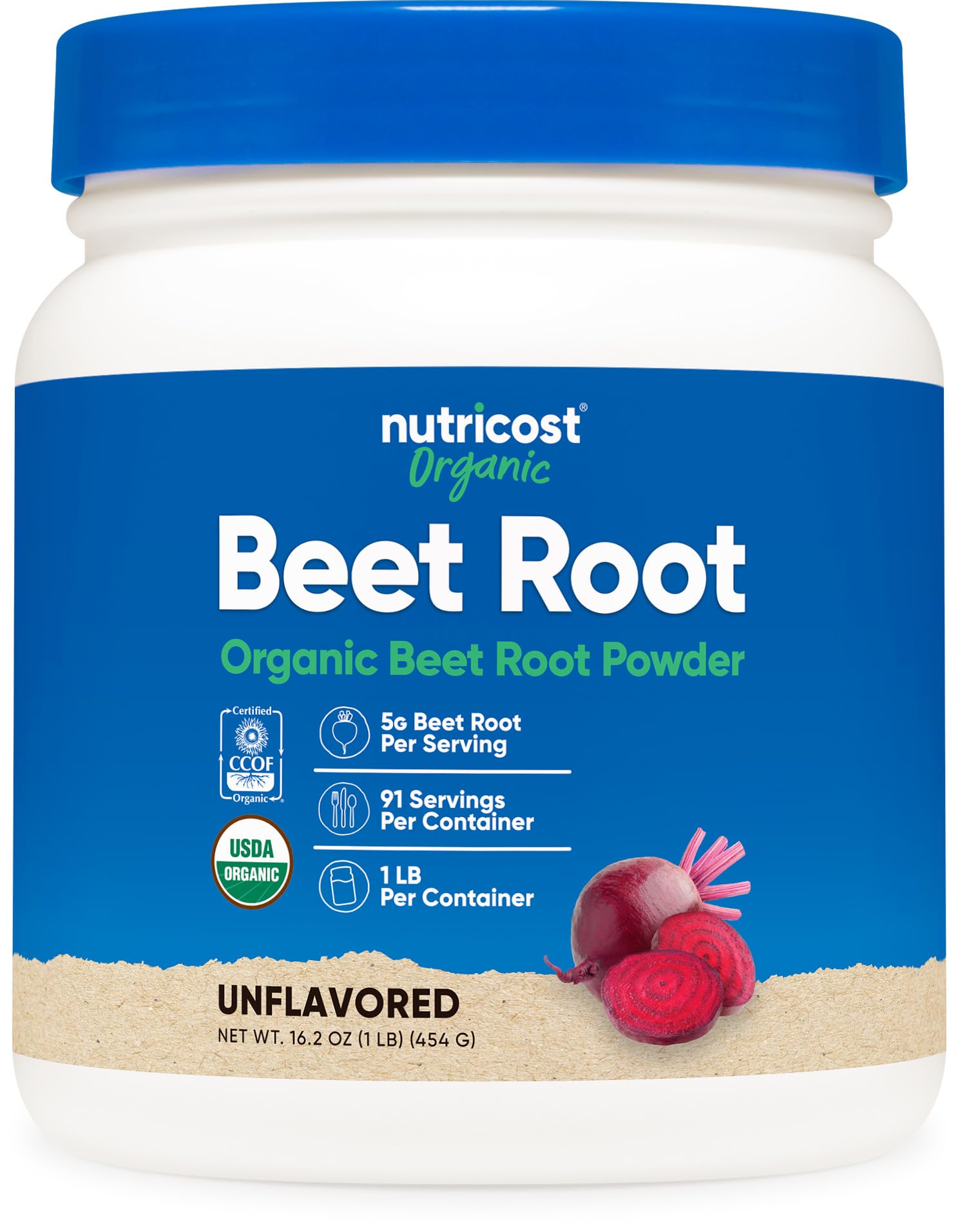 Nutricost polvo de remolacha orgánica en bote, listo para batidos coloridos