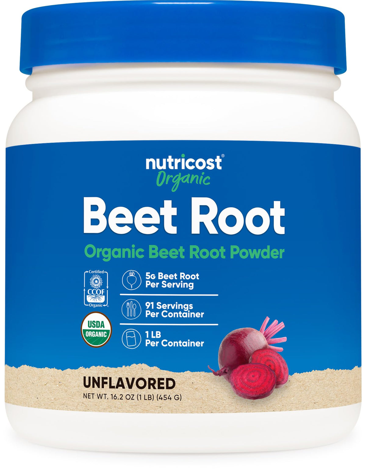 Nutricost polvo de remolacha orgánica en bote, listo para batidos coloridos