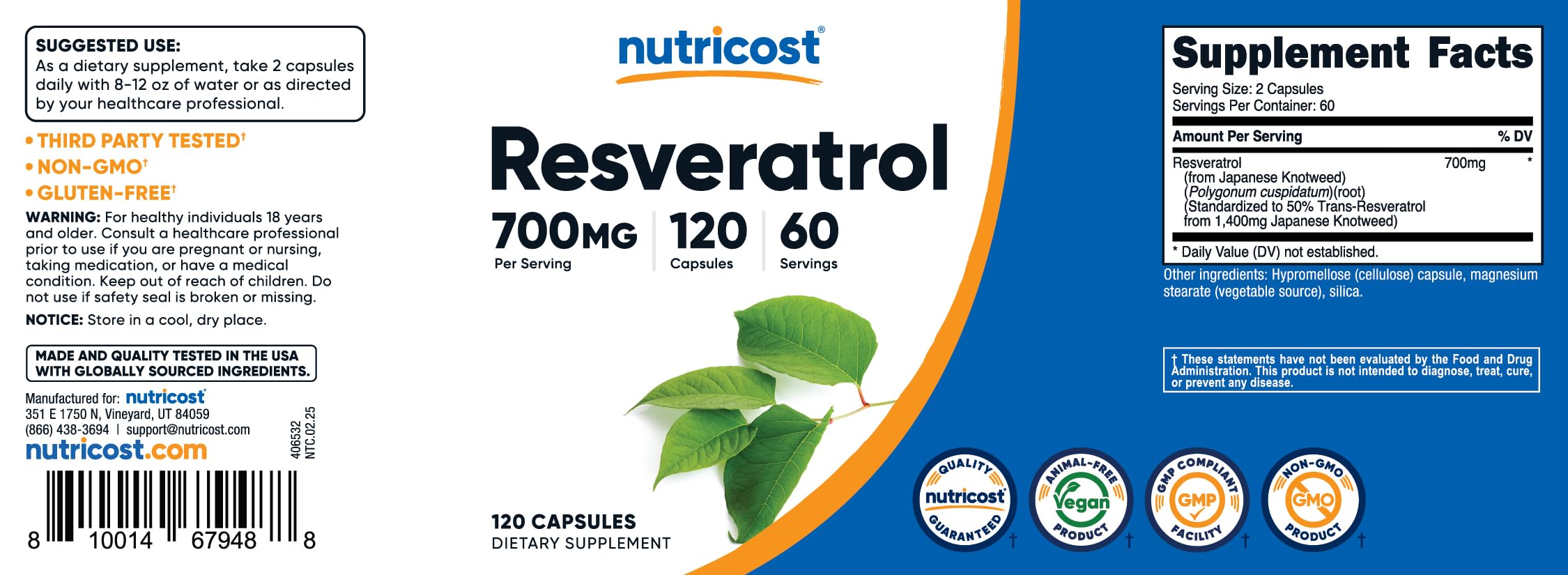 Nutricost Resveratrol 700mg ficha nutricional datos completos de suplementación