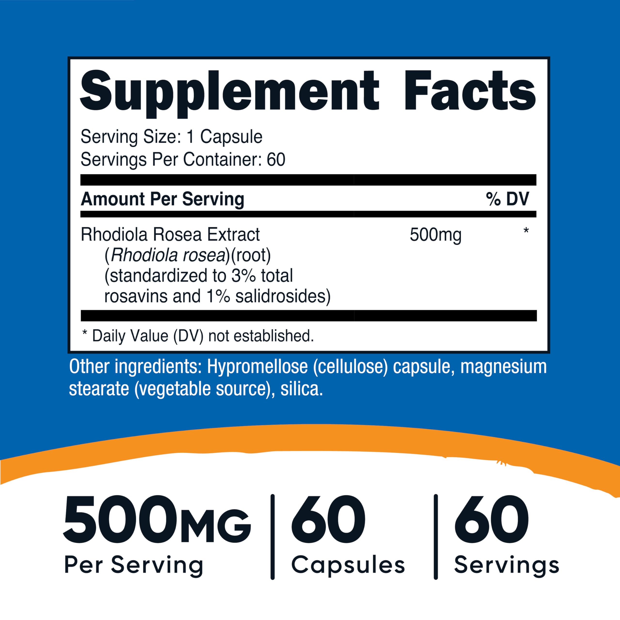 Nutricost Rhodiola Rosea 500mg etiqueta frontal clara para información