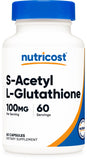 Nutricost S-Acetil L-Glutatión, cápsulas y botella, ideal para la rutina diaria vegana.