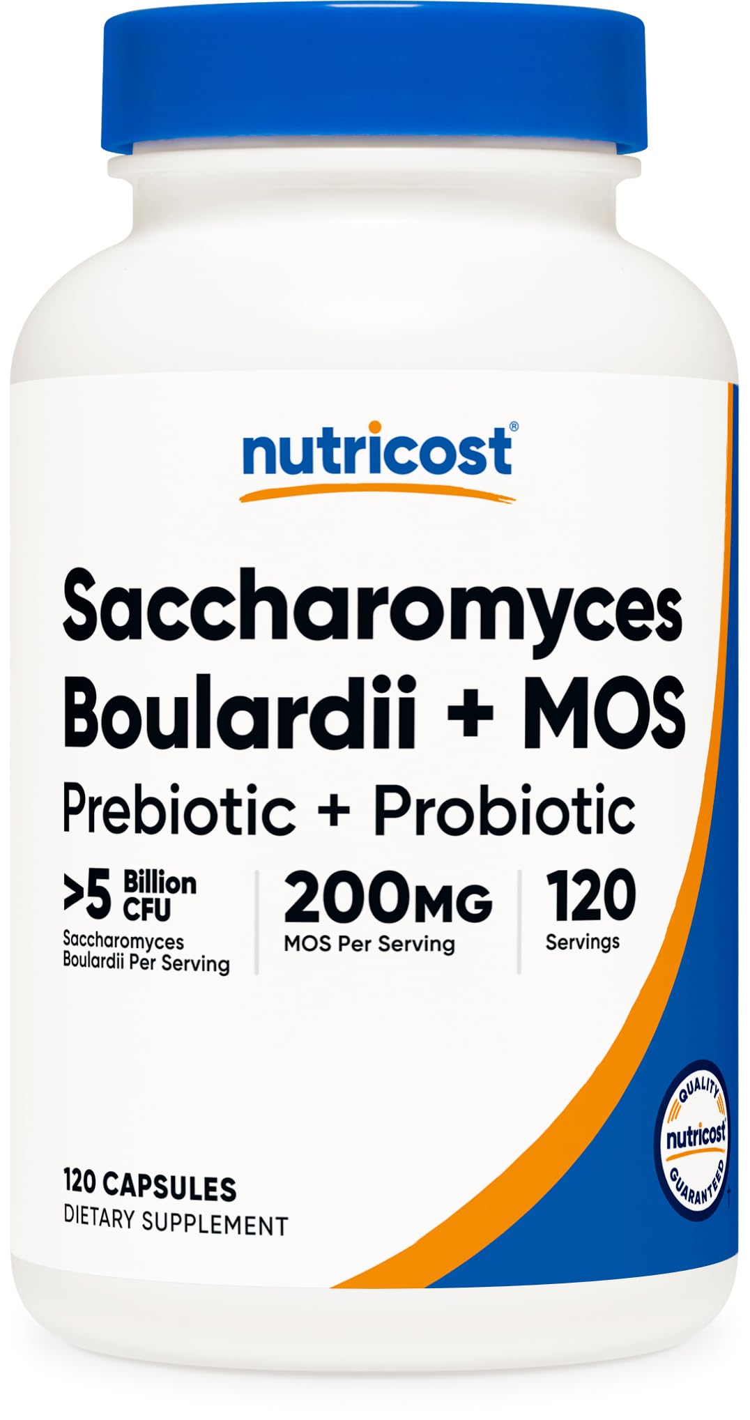 Nutricost Saccharomyces boulardii + MOS cápsulas frente: posible apoyo al bienestar digestivo.