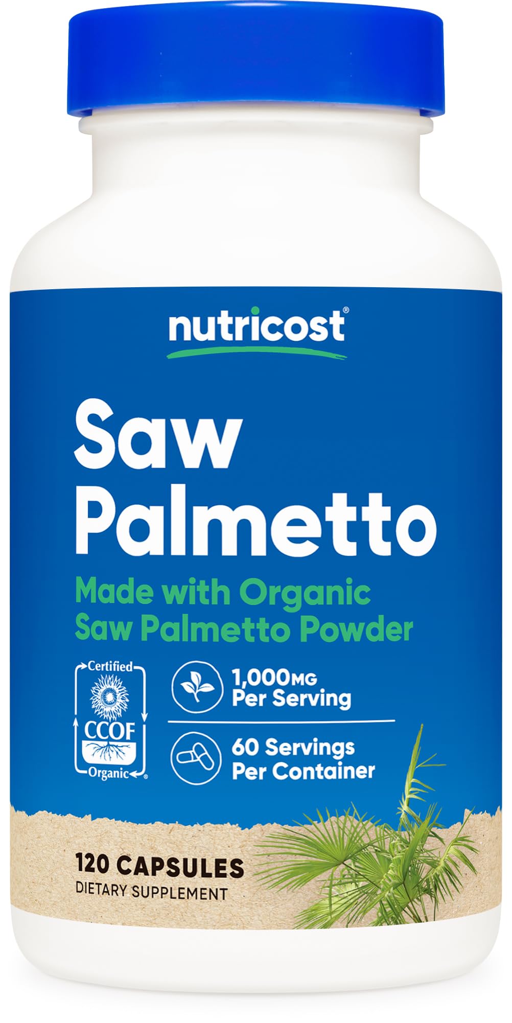 Nutricost Saw Palmetto cápsulas en envase para uso diario.