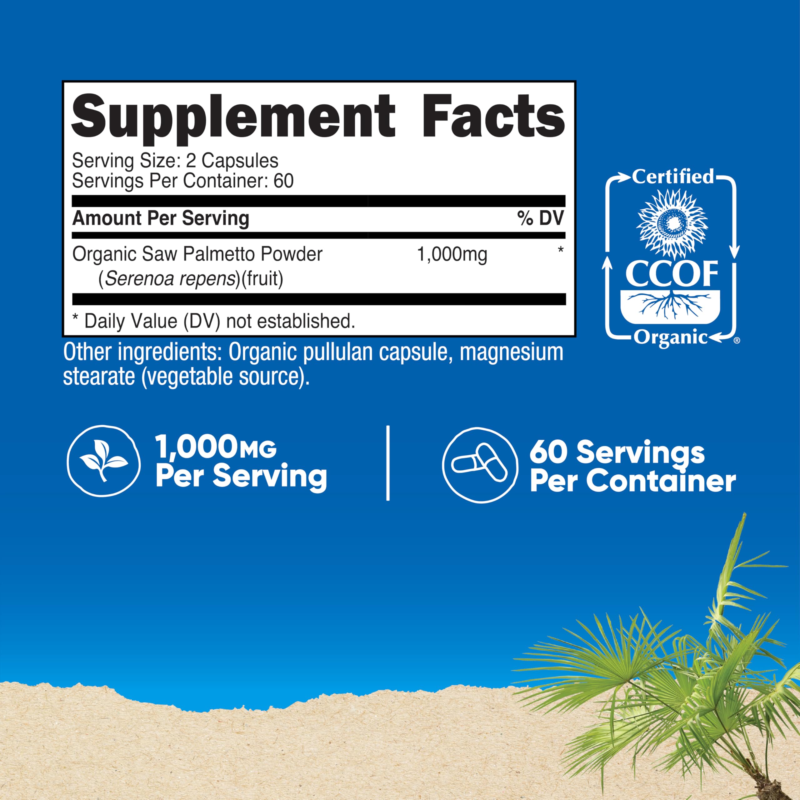 Etiqueta de Nutricost Saw Palmetto con ingredientes orgánicos.