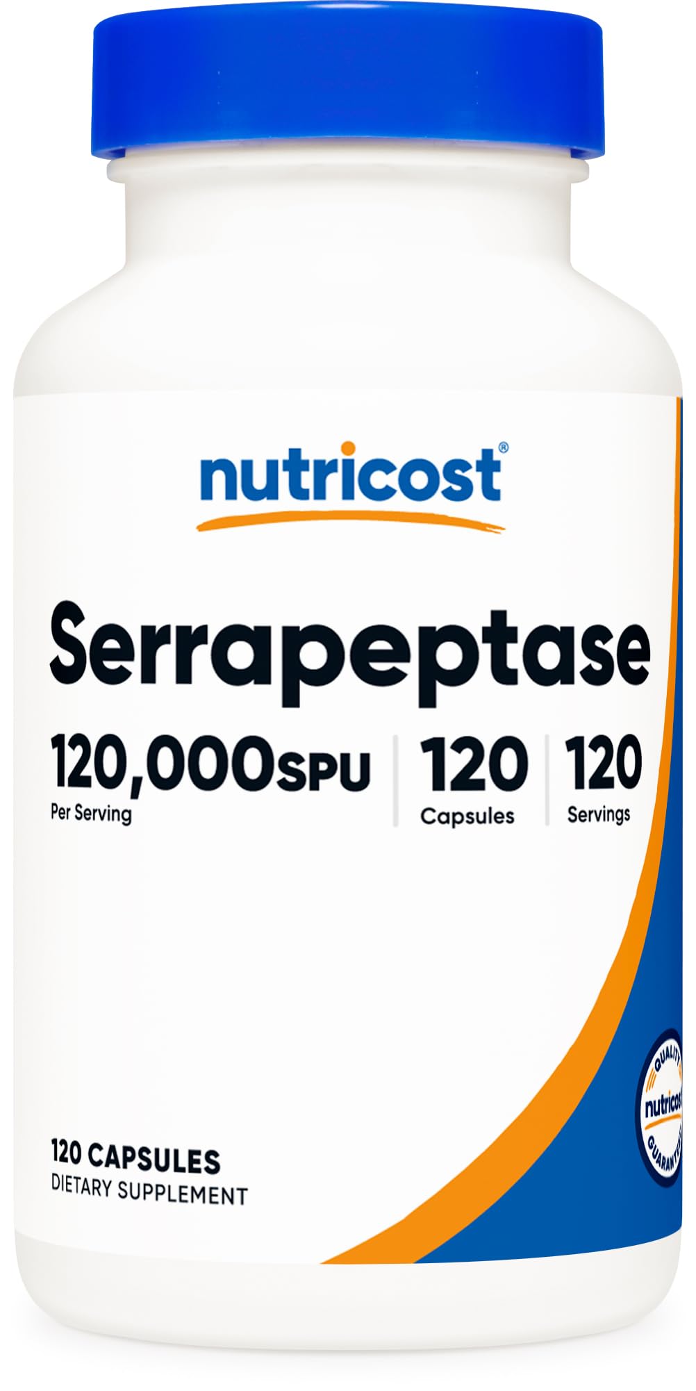 Nutricost Serrapeptase, botella frontal, complemento vegetariano sin gluten para bienestar diario