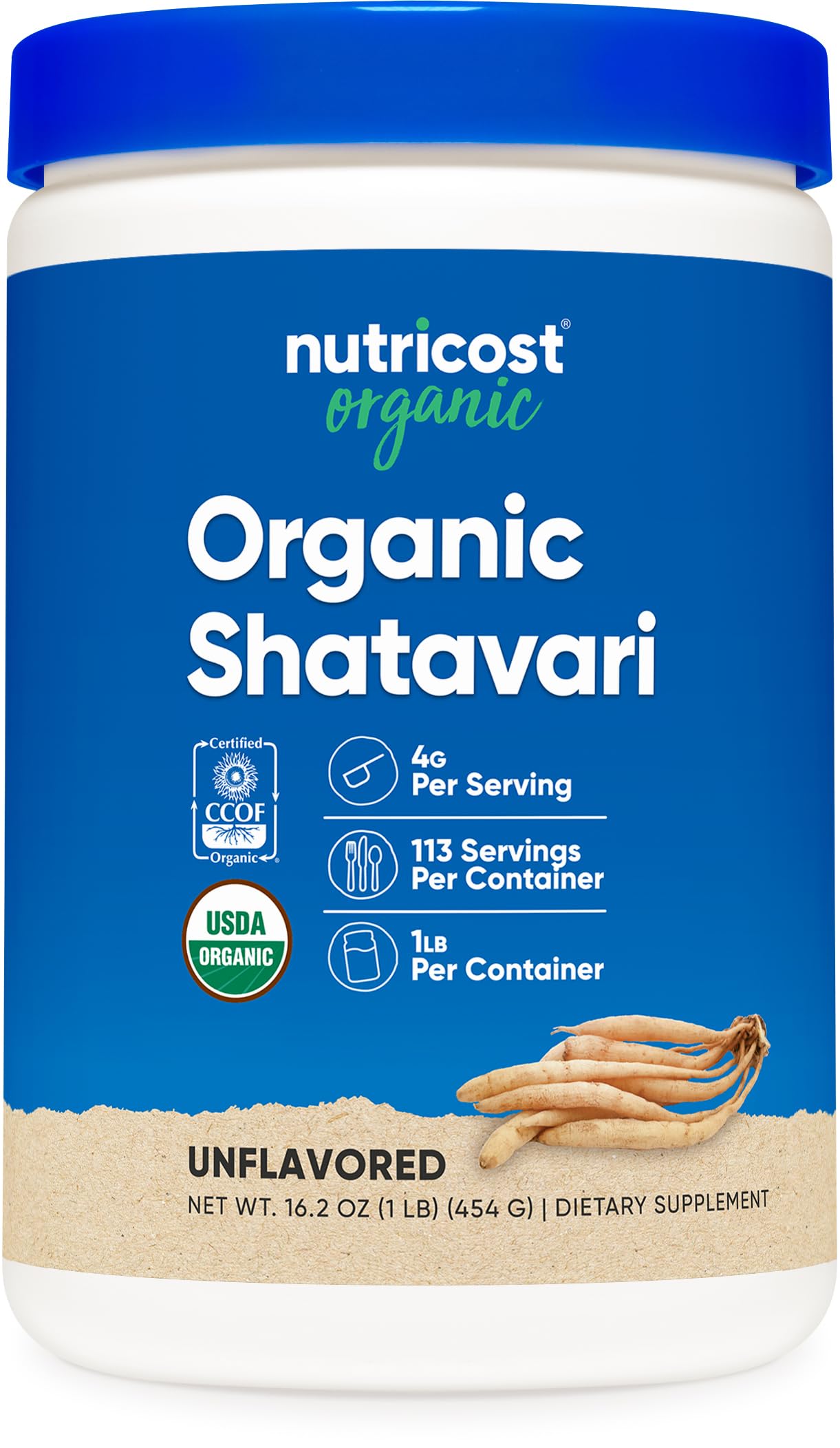 Nutricost Shatavari en botella orgánica de 1 libra, para uso diario.