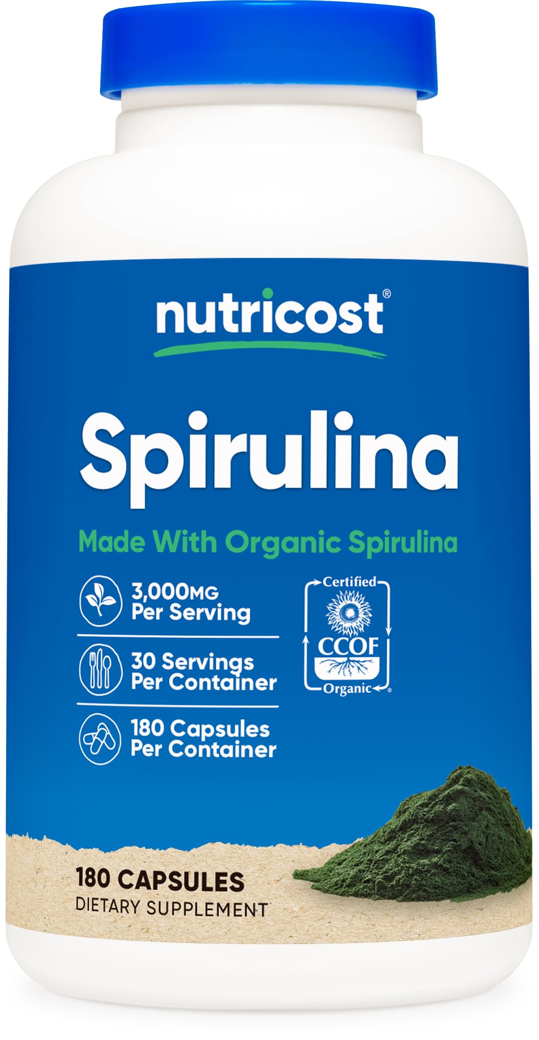 Nutricost Spirulina 3,000 mg – botella frontal con etiqueta y enfoque vegetariano