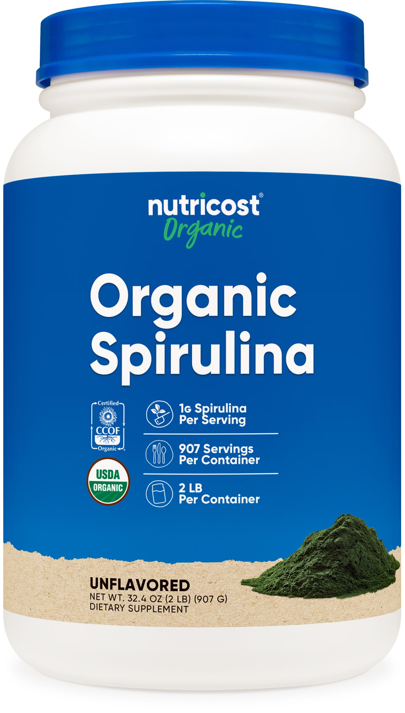 Nutricost Spirulina Orgánica: bote visible, fuente natural de nutrientes para tu día.