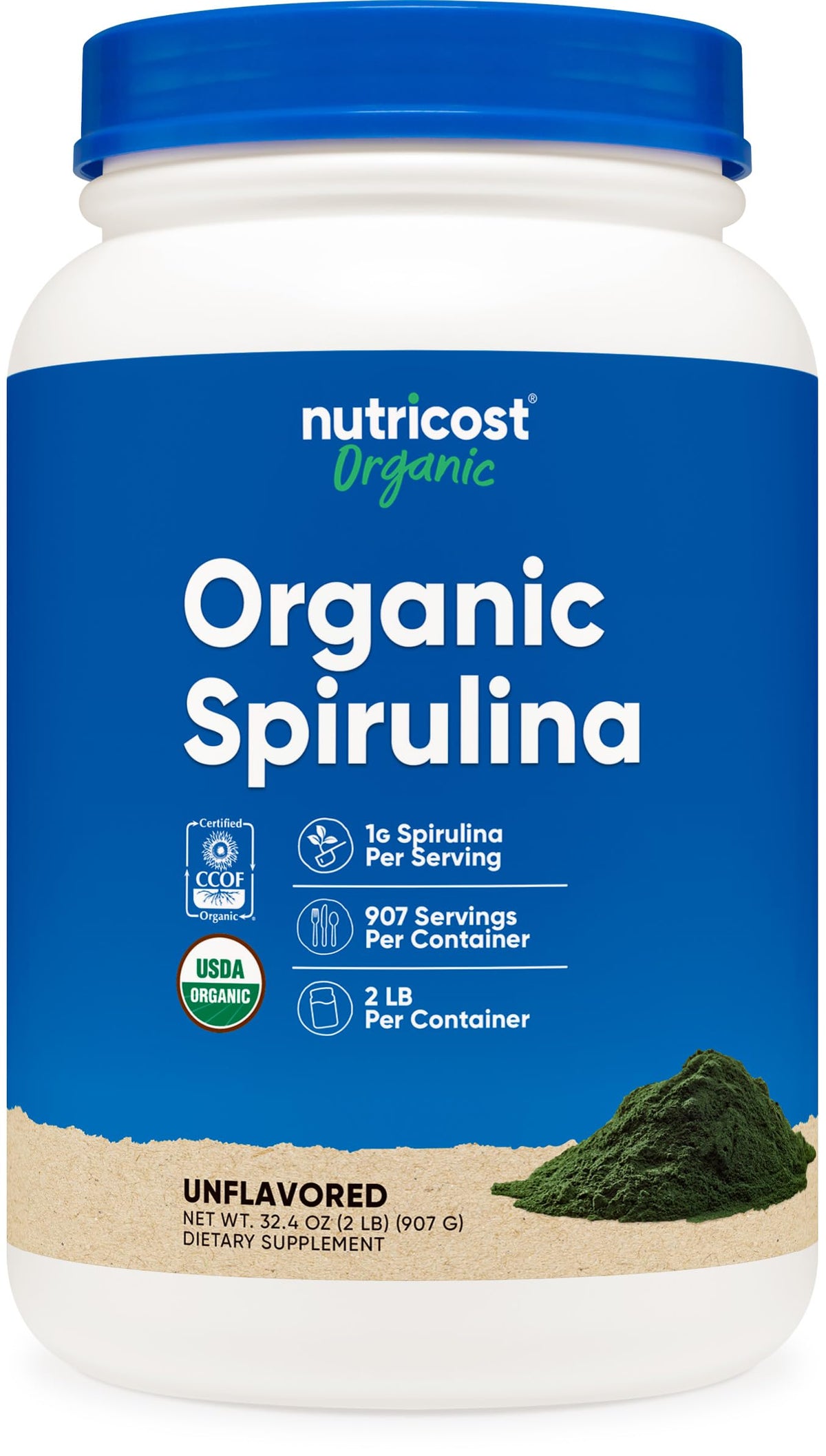 Nutricost Spirulina Orgánica: bote visible, fuente natural de nutrientes para tu día.