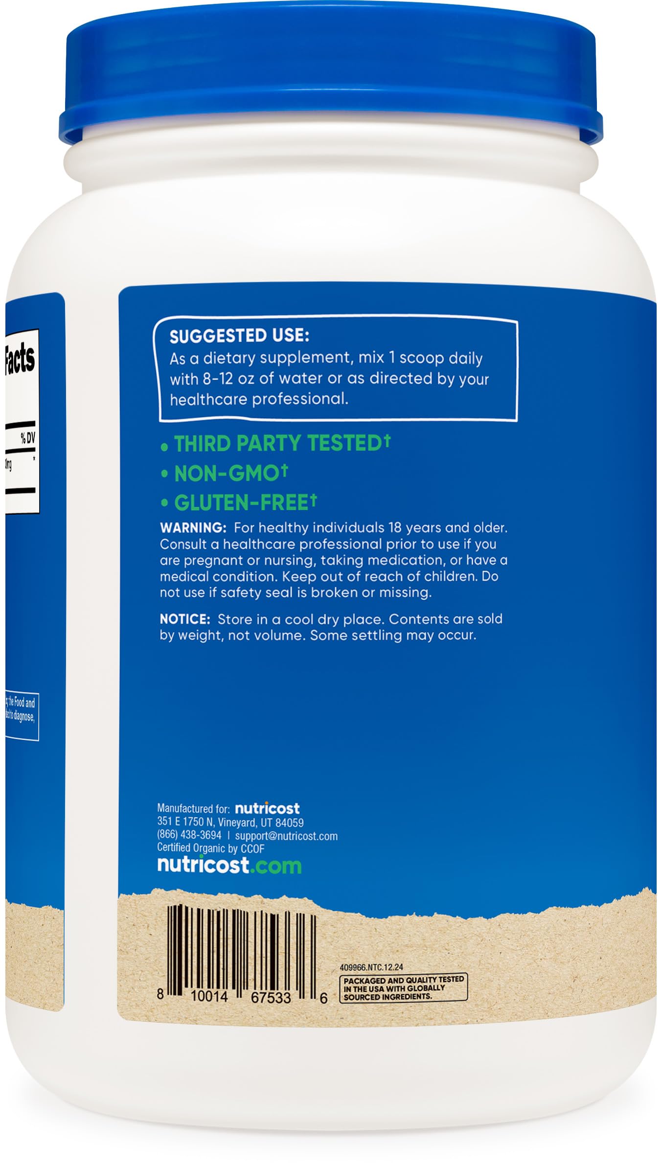 Certificaciones de terceros Nutricost Spirulina, garantía de calidad y trazabilidad.