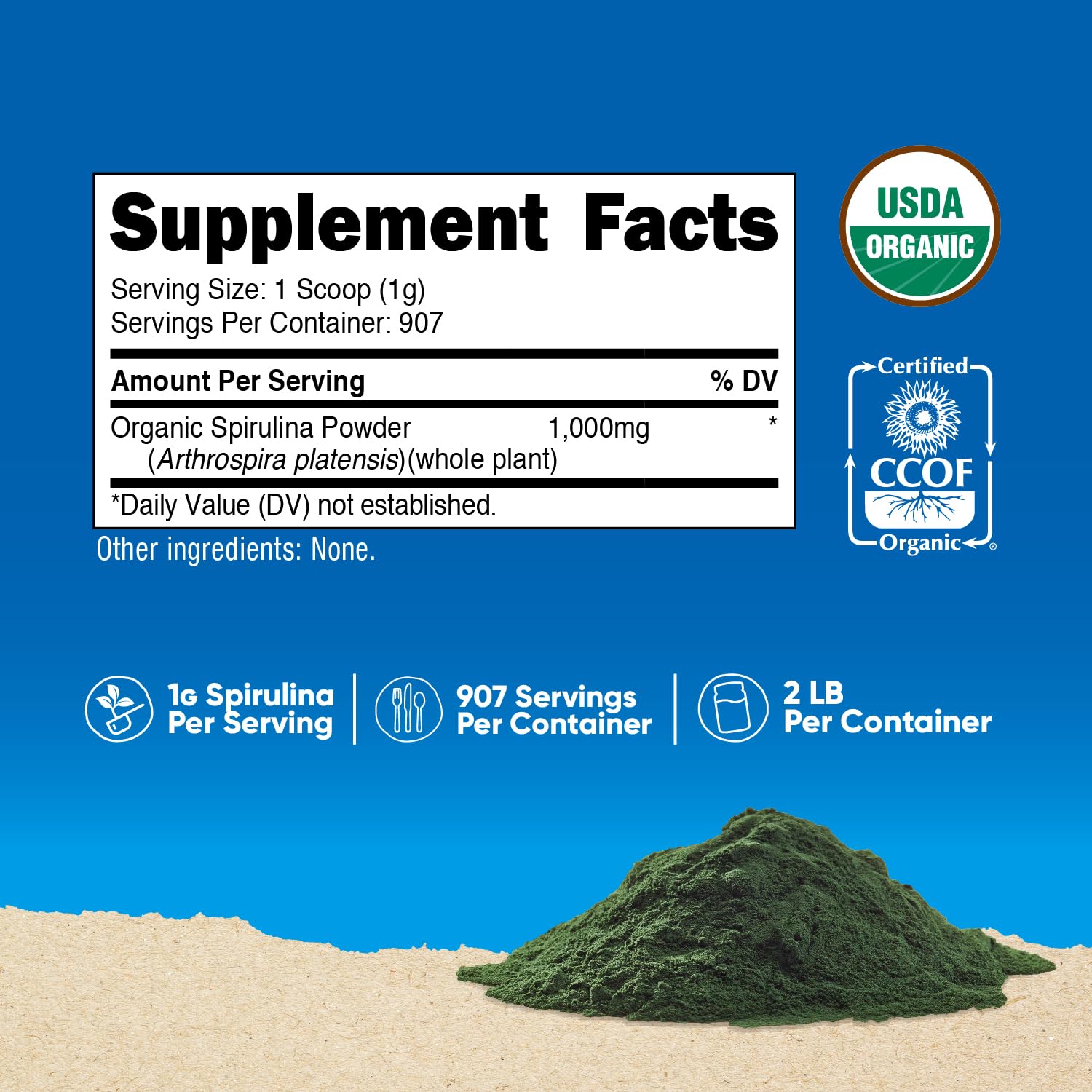 Nutricost Spirulina Orgánica, cuchara medidora incluida, fácil dosificación diaria.
