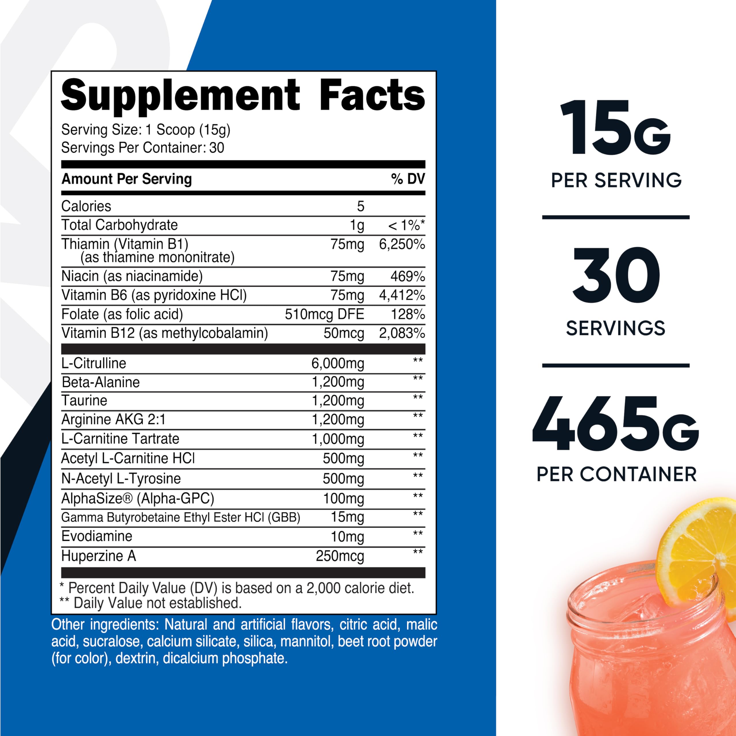 Nutricost Stim-Free Pre-Workout etiqueta frontal limon-rosado: lectura clara de beneficios sin estimulantes.