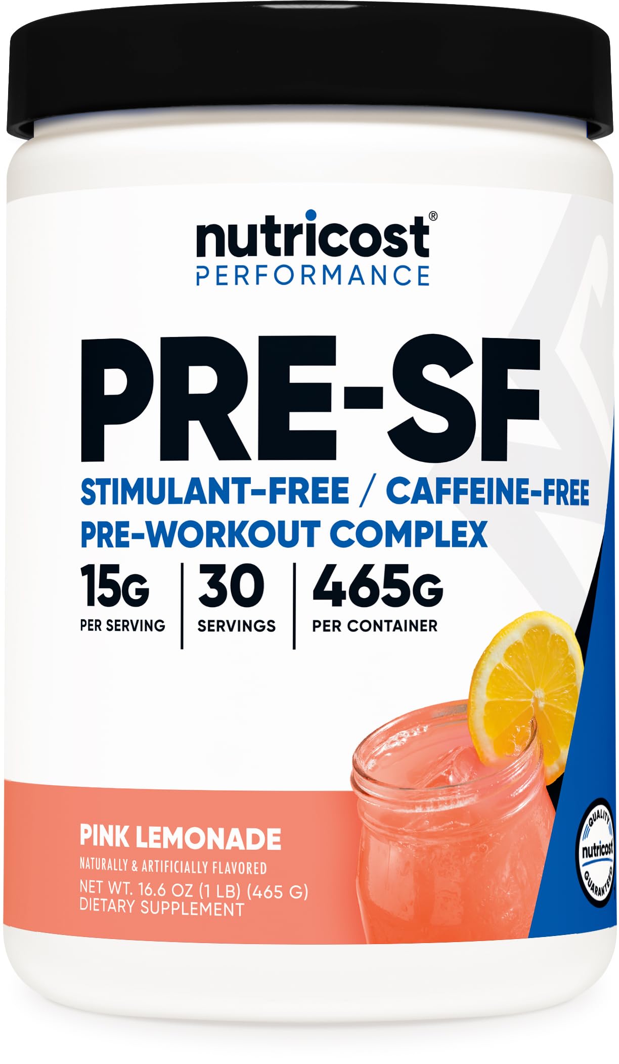 Nutricost Stim-Free Pre-Workout frasco limon-rosado: sabor cítrico sin cafeína para entrenamientos.