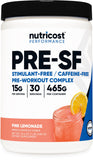Nutricost Stim-Free Pre-Workout frasco limon-rosado: sabor cítrico sin cafeína para entrenamientos.