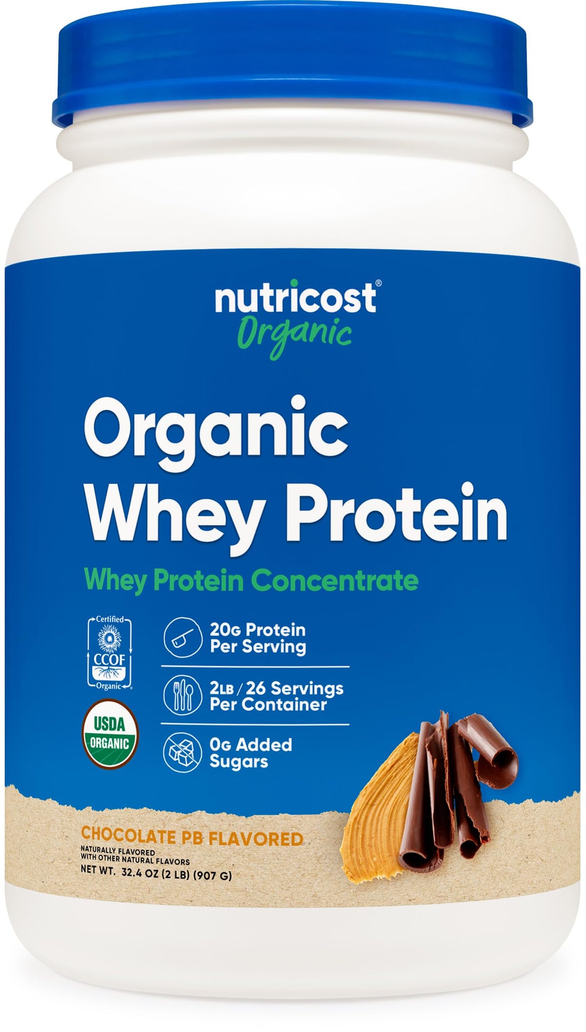 Nutricost suero organico concentrado en bote de 2 lb, sabor chocolate mantequilla cacahuete