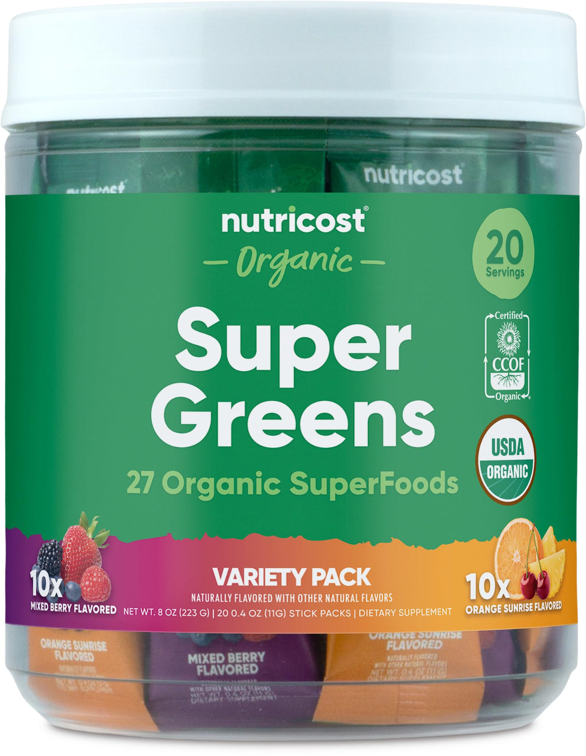 Nutricost Super Greens sabor frambuesa, mezcla lista para consumo diario.