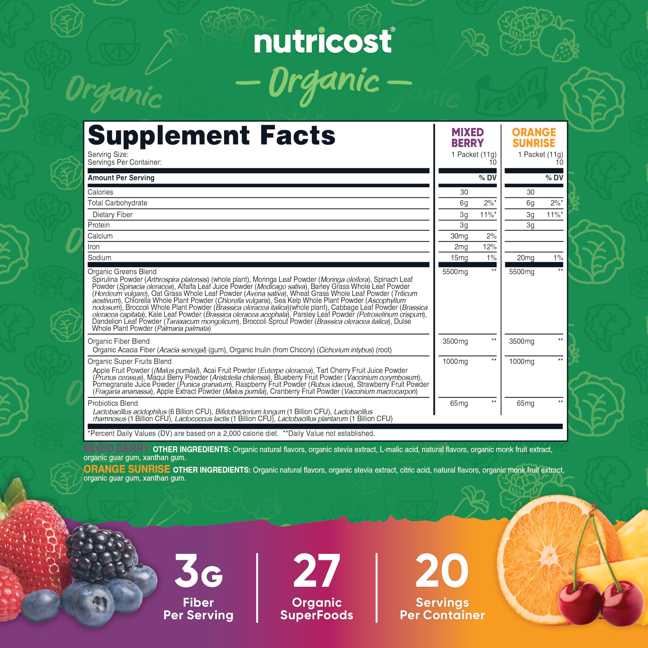 Nutricost Super Greens sabor naranja, ideal para batidos matutinos.