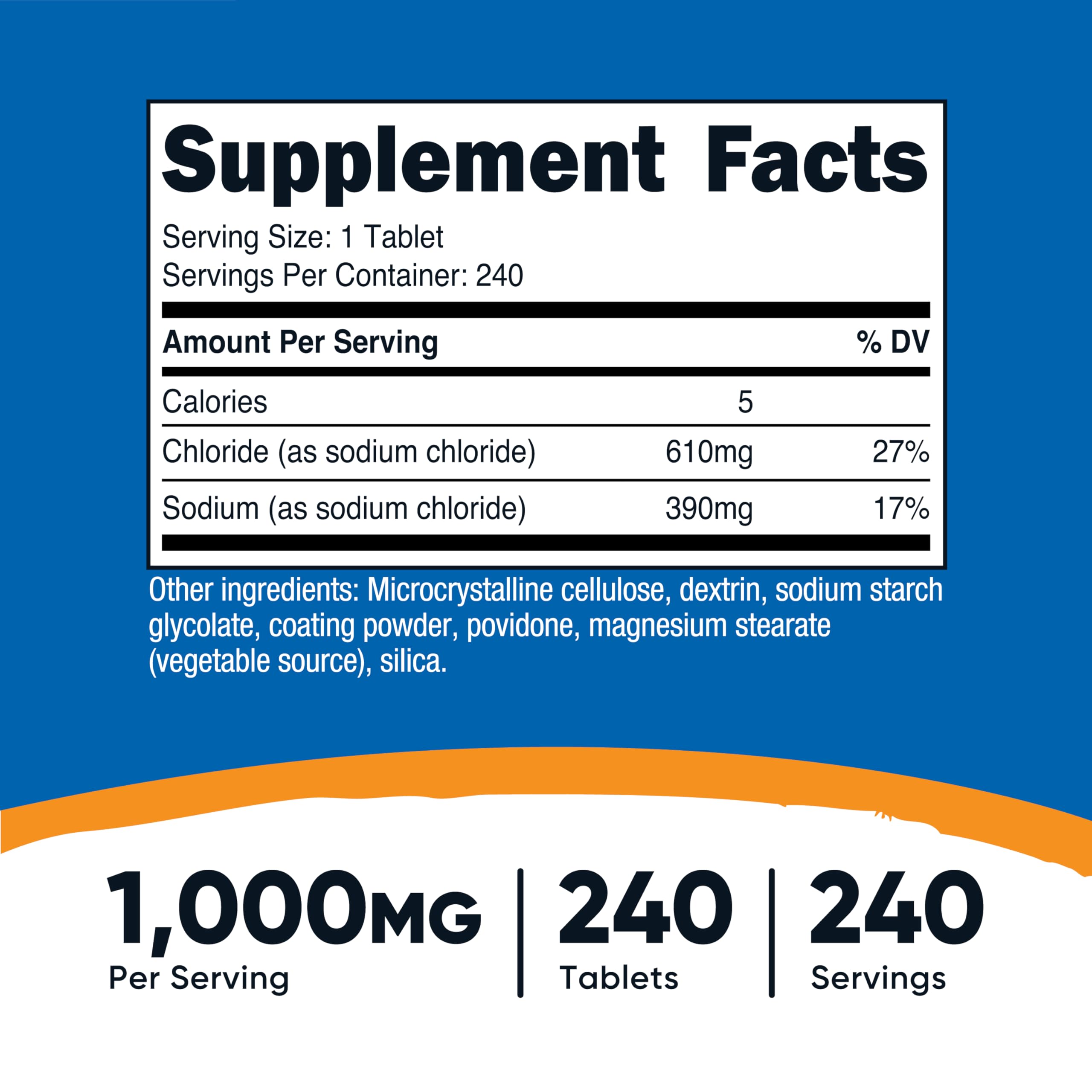 Nutricost tabletas con marca y 390 mg de sodio por tableta