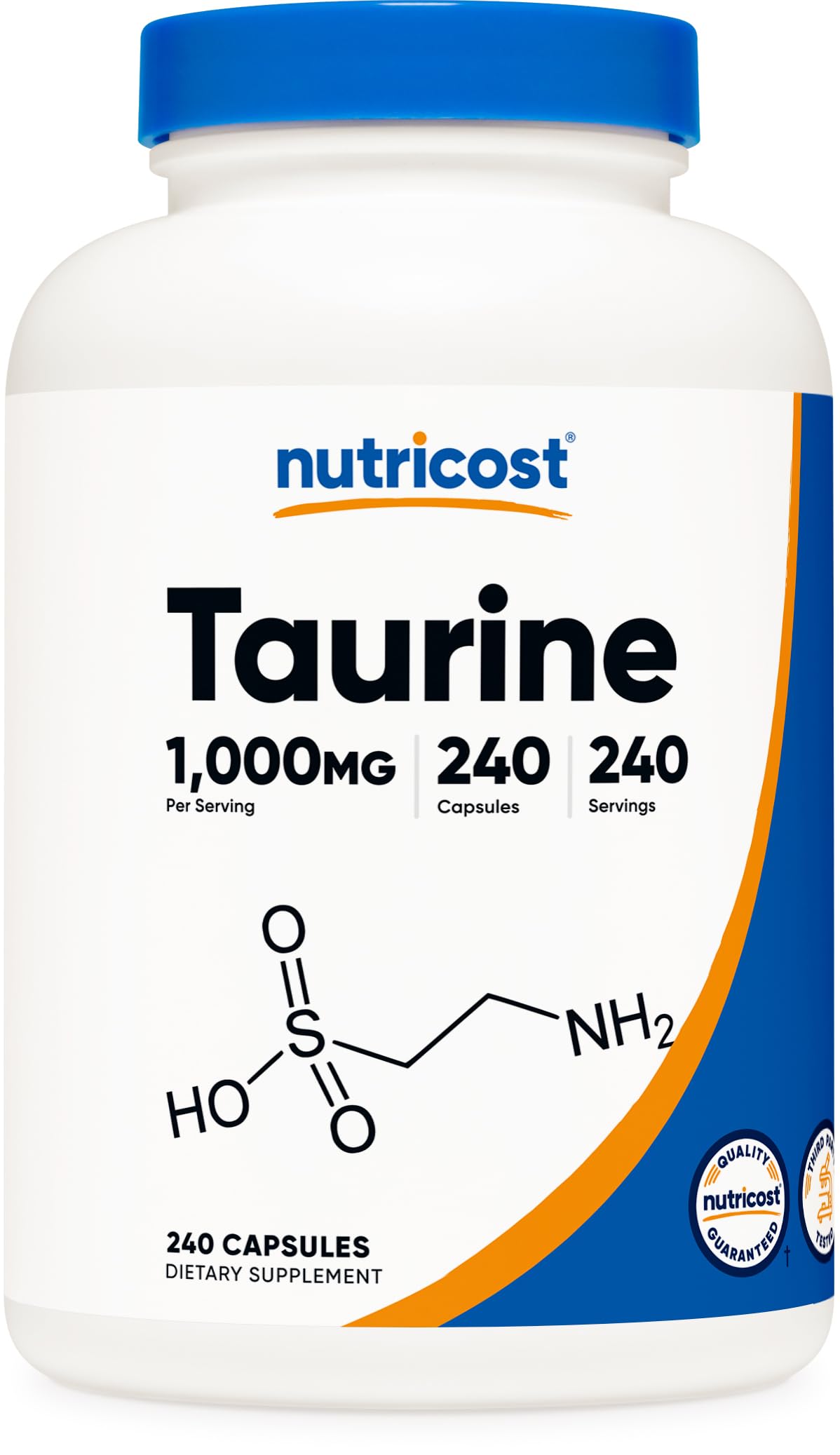 Nutricost Taurina 1000 mg cápsulas en botella, soporte para energía diaria.