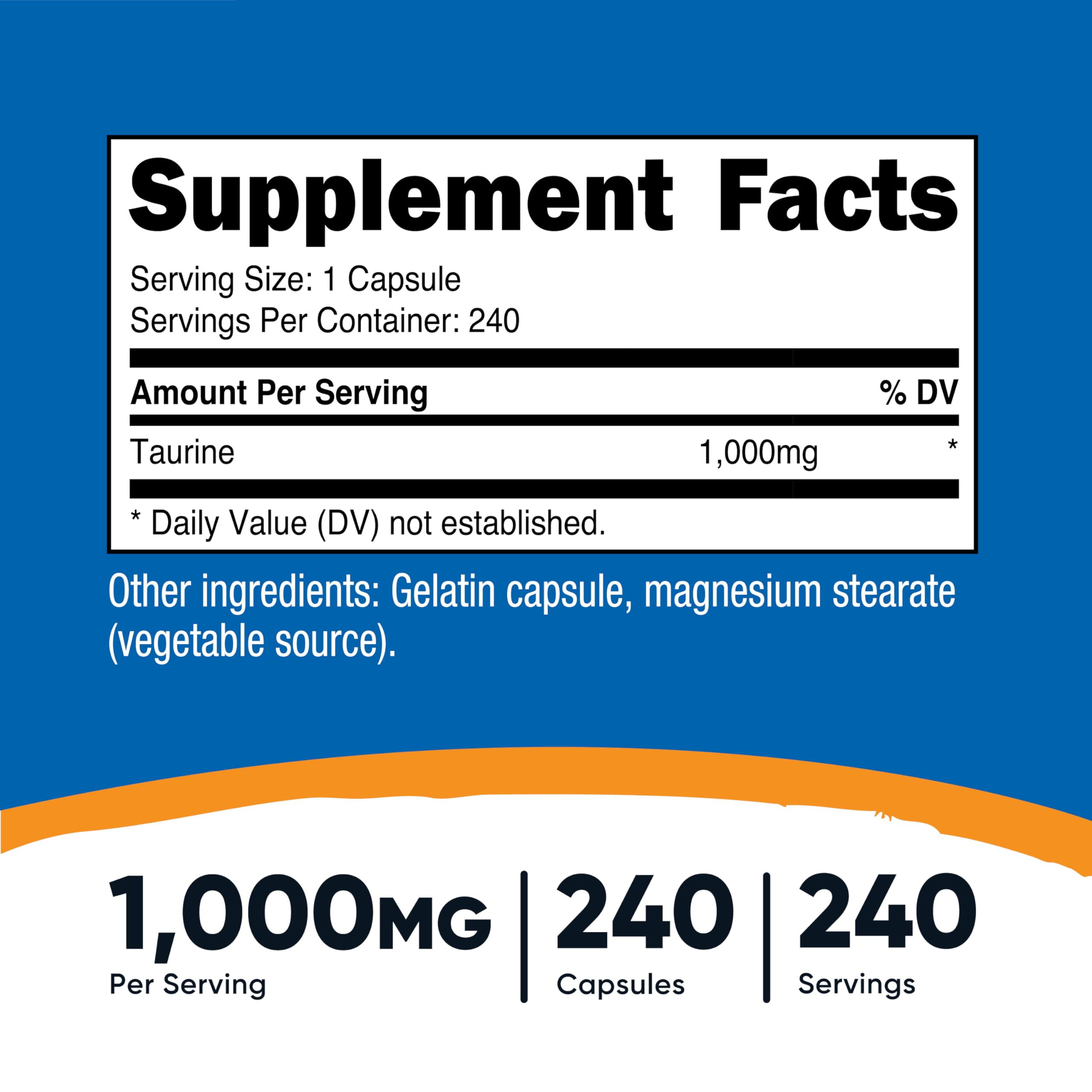 Nutricost Taurina 1000 mg cápsulas, caja externa, fácil almacenamiento y uso diario.