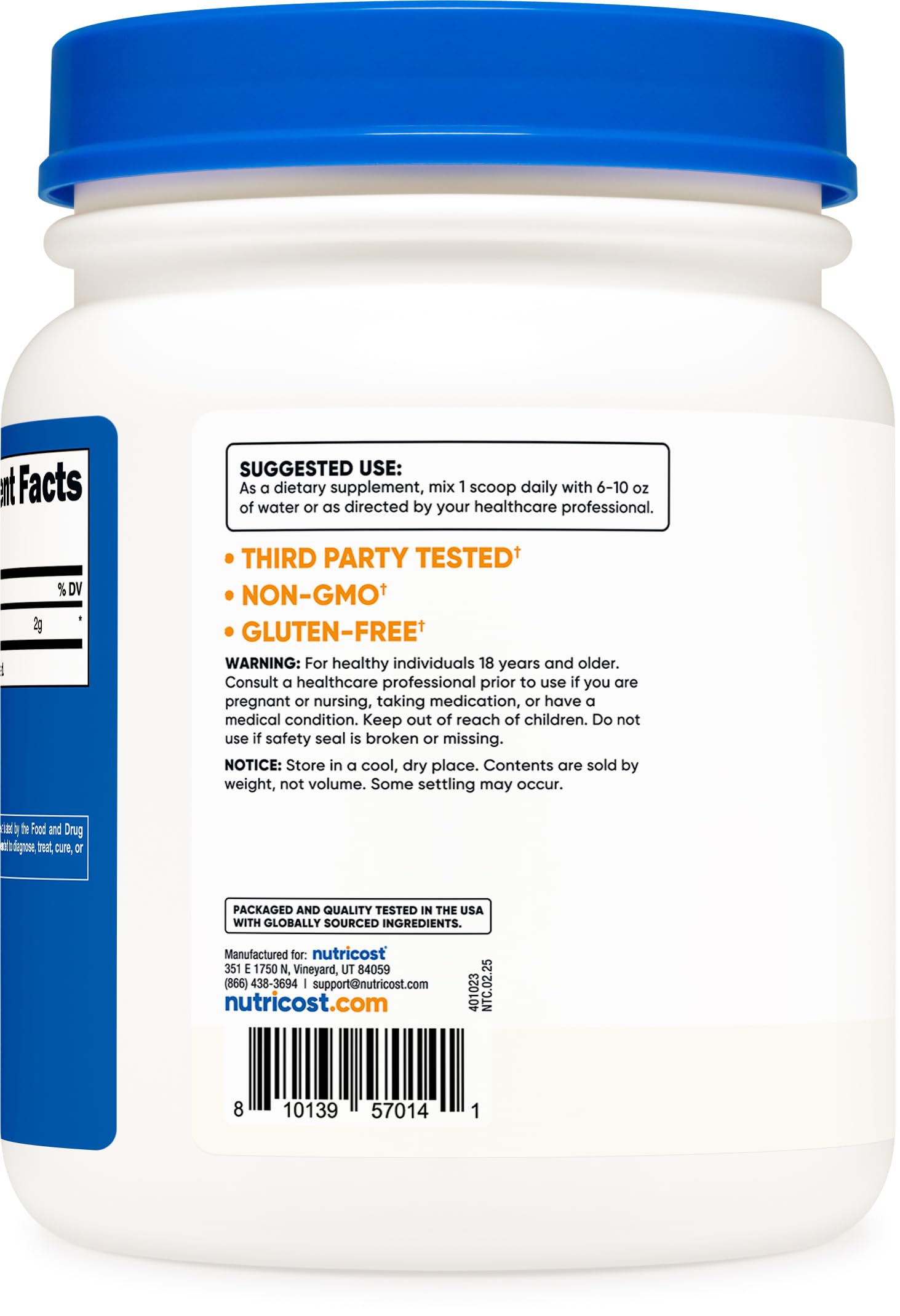 Frasco de Taurina Nutricost mostrando control de calidad