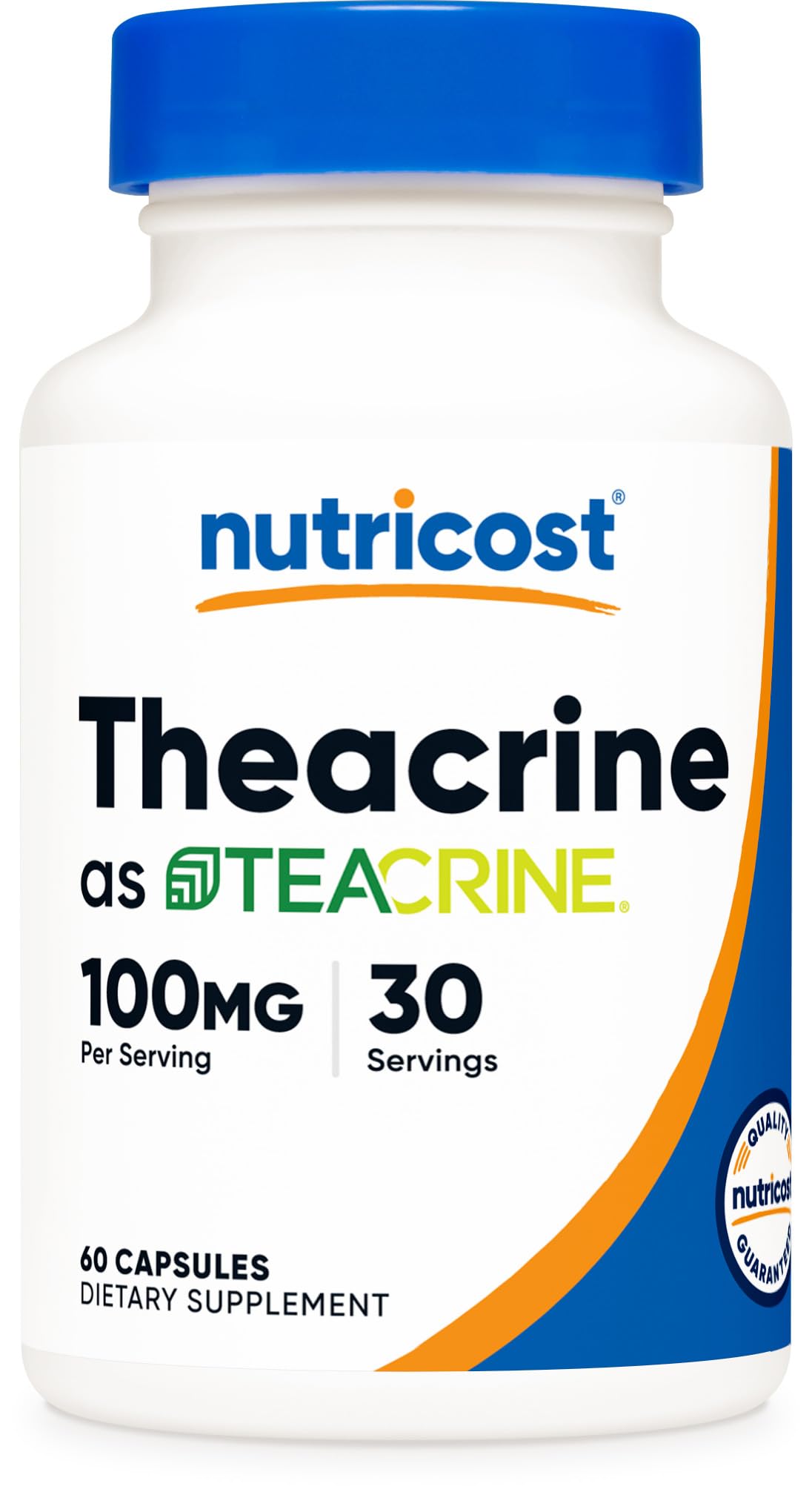 Nutricost Teacrine, botella de 60 cápsulas para dosis diaria sostenida.