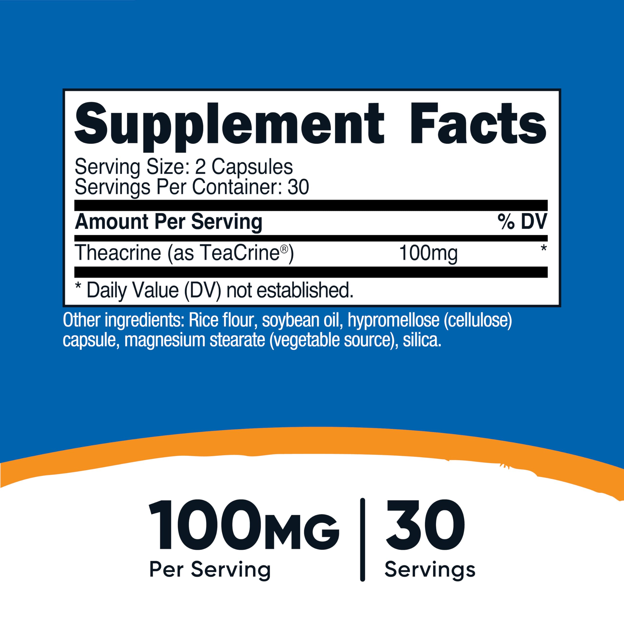 Nutricost Teacrine, cápsulas de 50 mg cada una, conveniente para ritual matutino.