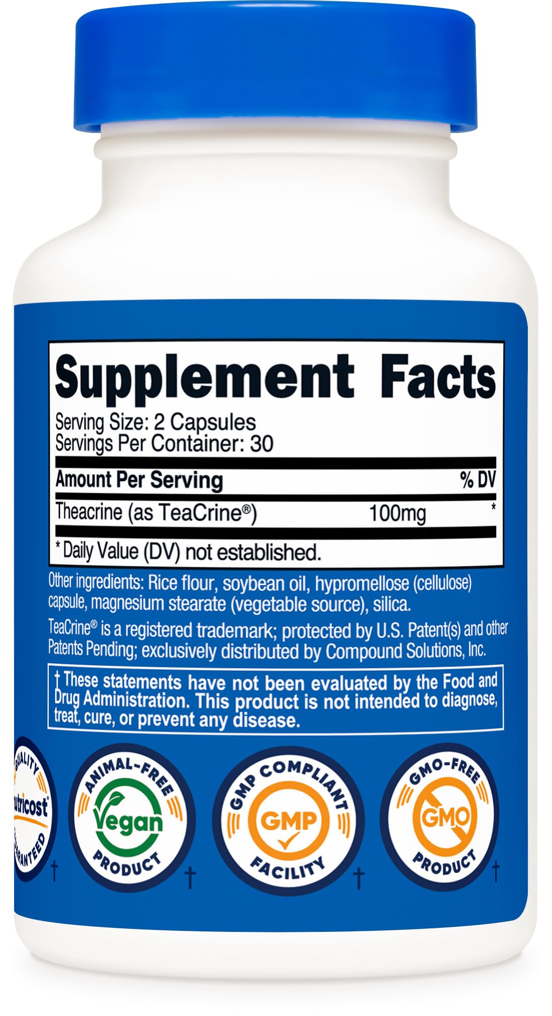 Nutricost Teacrine, frasco de cápsulas para una dosificación diaria.