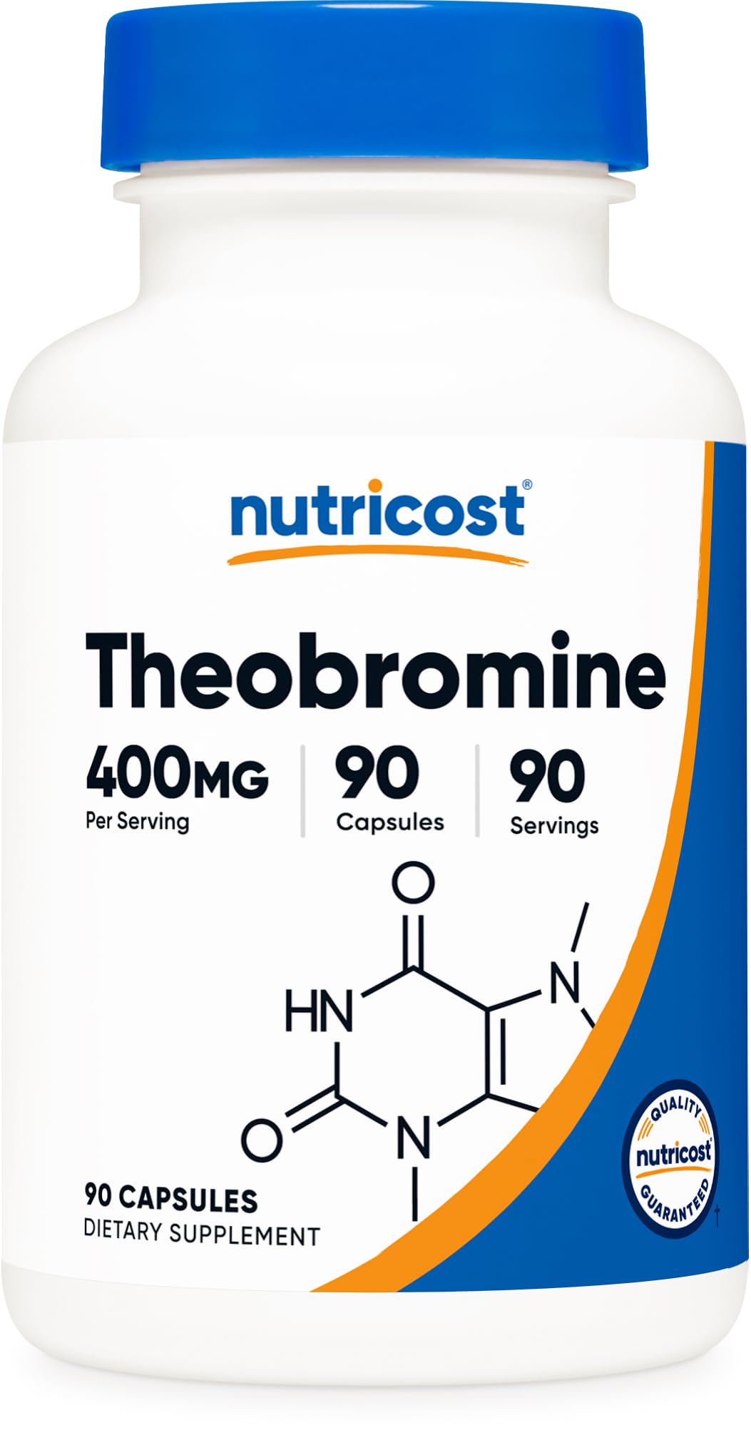 Nutricost teobromina 400 mg, botella para energía sostenida.
