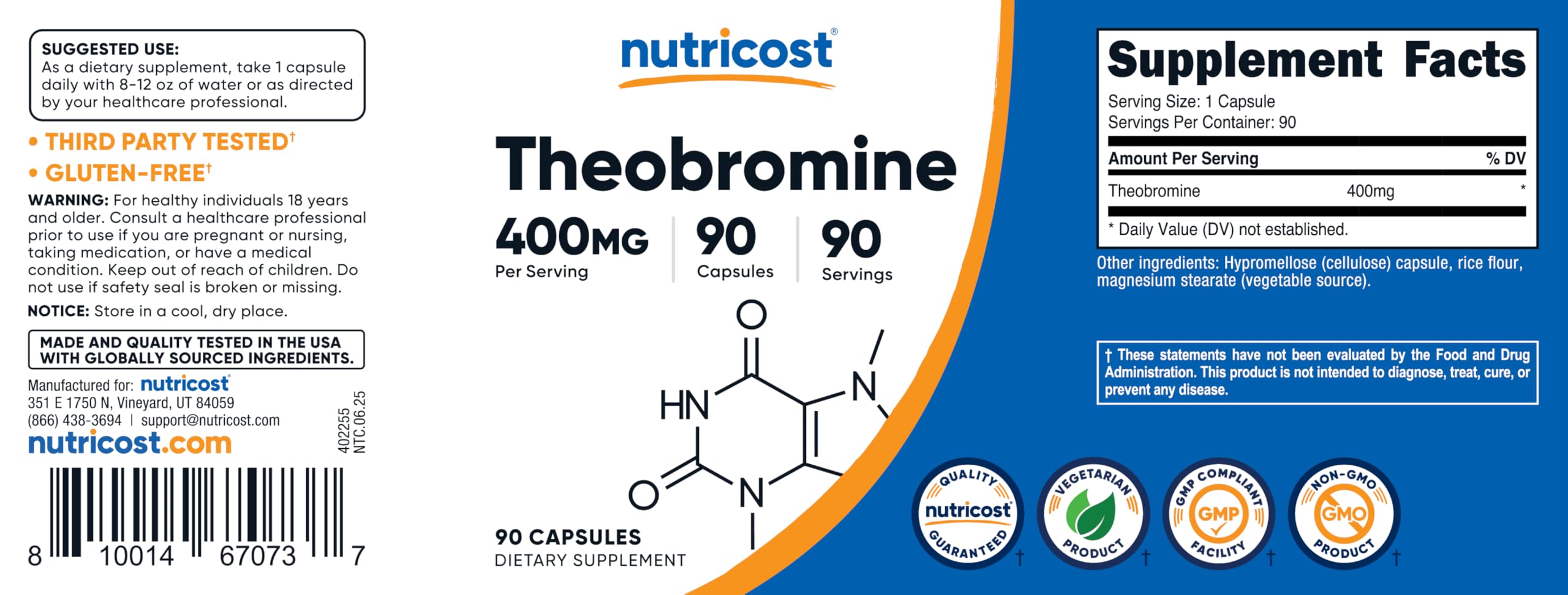Nutricost teobromina 400 mg, planta de fabricación GMP y autoridad sanitaria registrada.