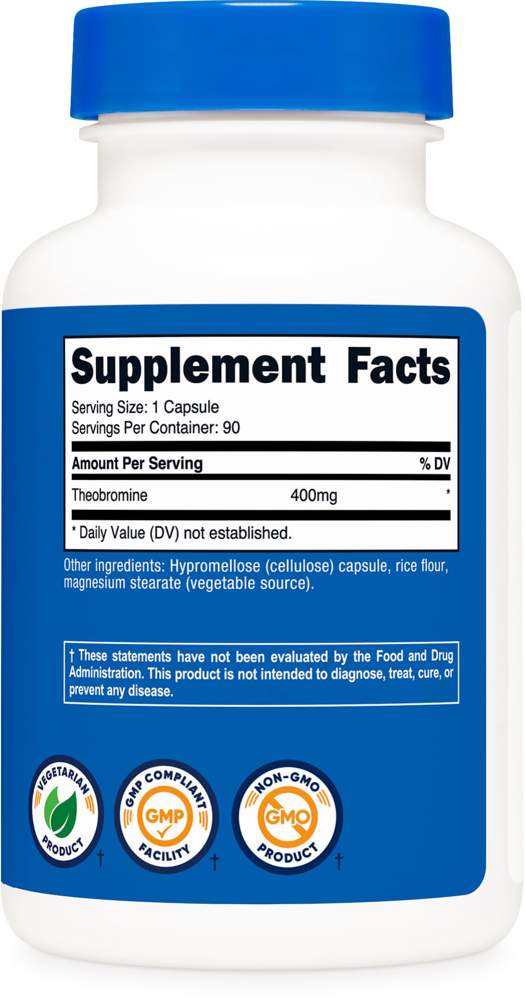 Nutricost teobromina 400 mg, producto libre de gluten y soja.