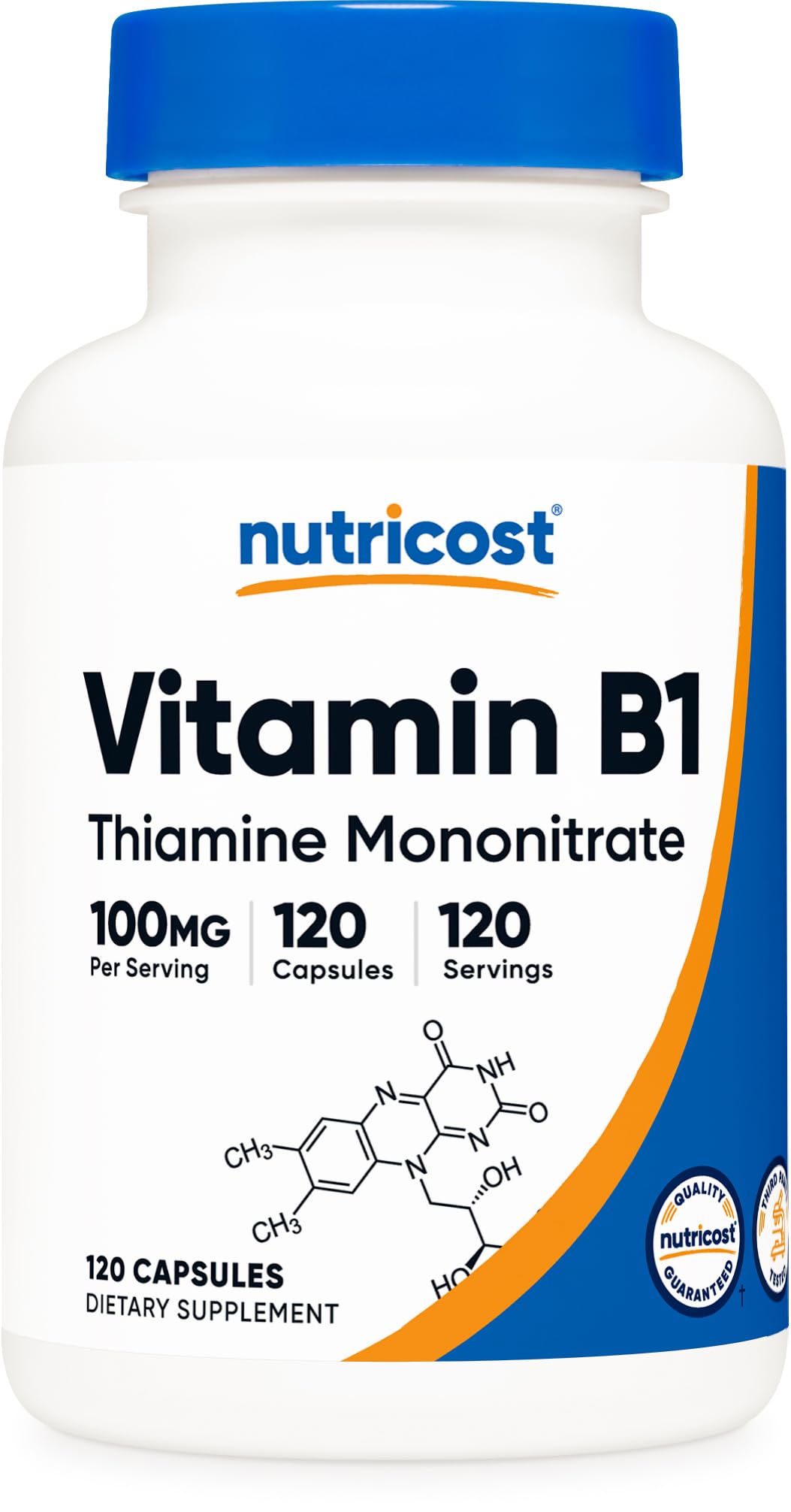 Nutricost Tiamina 100 mg cápsulas, cápsula individual, uso diario sin gluten.