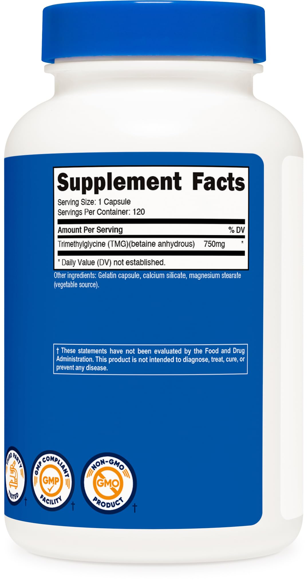 Nutricost Trimetilglicina botella abierta con cápsulas, acceso rápido para una ingesta conveniente.