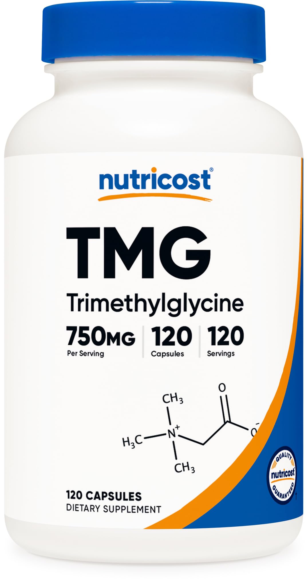 Nutricost Trimetilglicina botella frontal, suplemento diario de alta pureza para una rutina equilibrada.