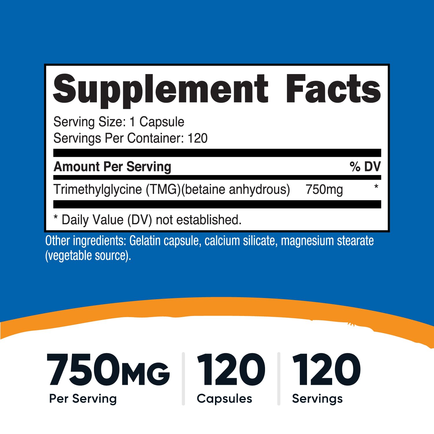 Nutricost Trimetilglicina etiqueta cercana, detalle de dosis por cápsula para una toma precisa.