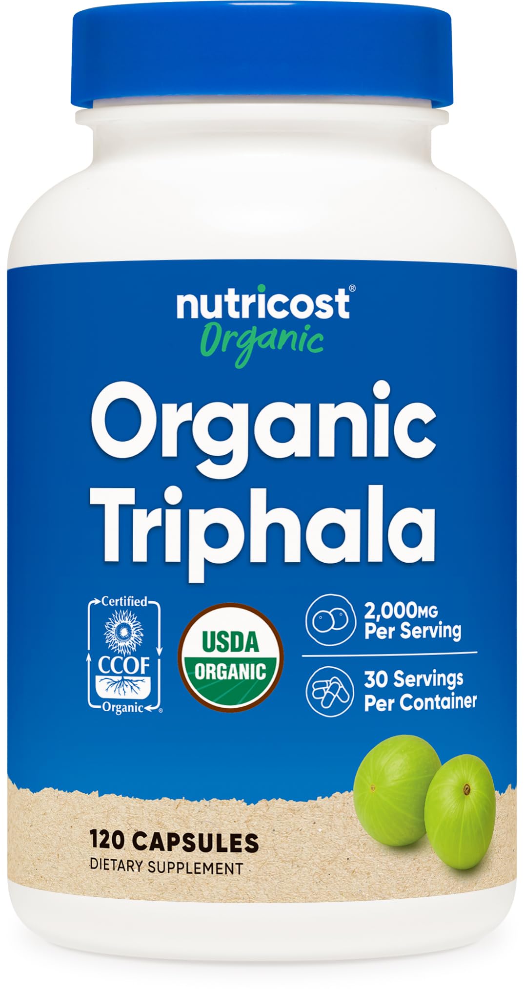 Nutricost Triphala cápsulas en envase cómodo para uso diario y apoyo digestivo.