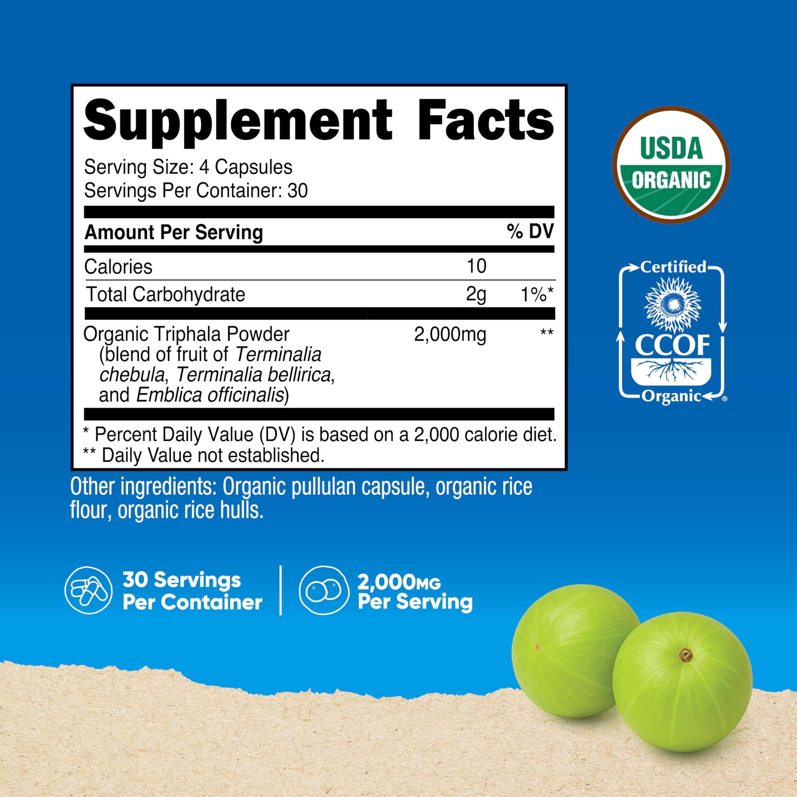 Nutricost Triphala envase de 120 cápsulas para 2,000 mg por porción.