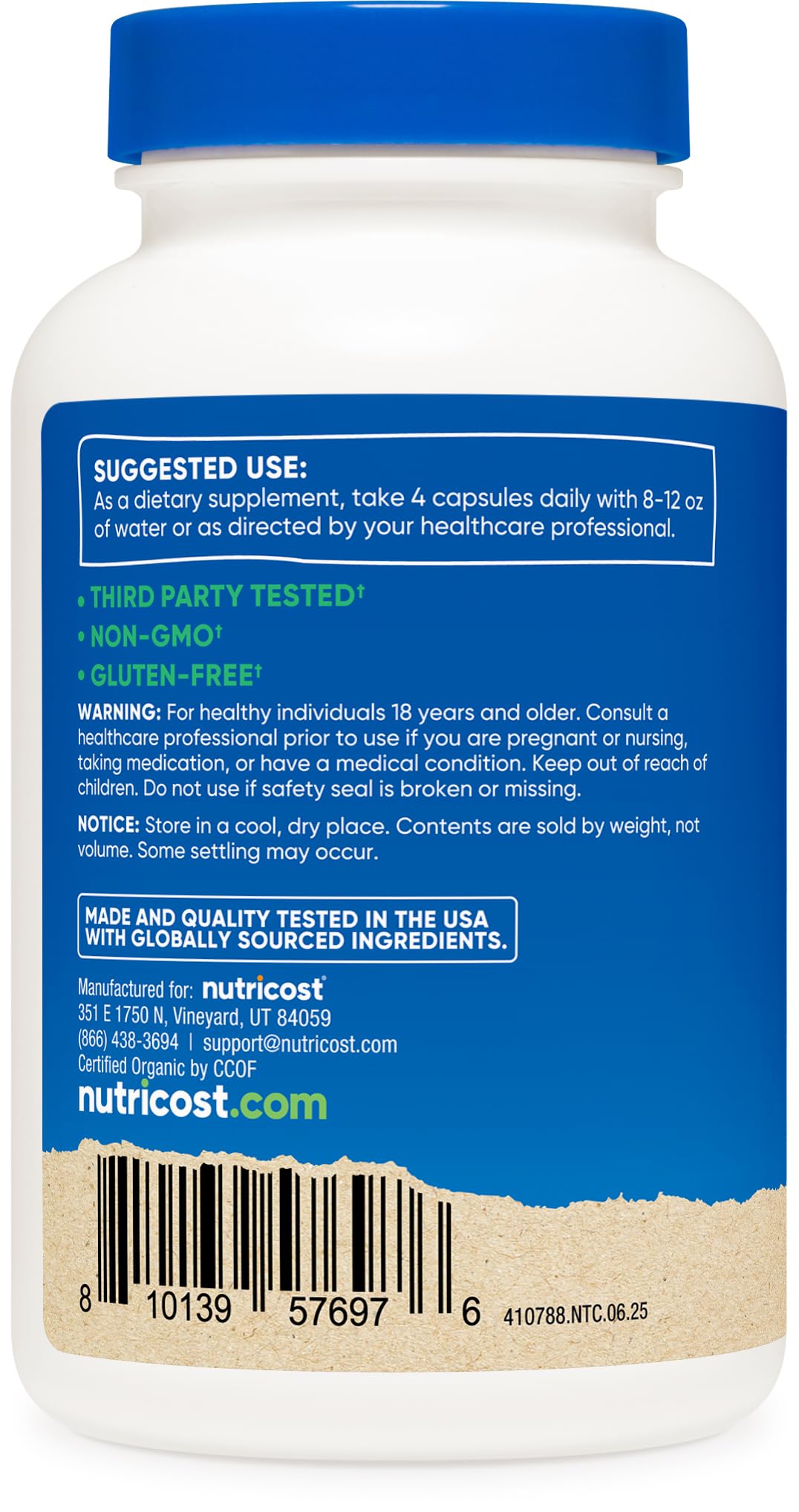 Nutricost Triphala ingredientes vegetales para un perfil limpio y natural.