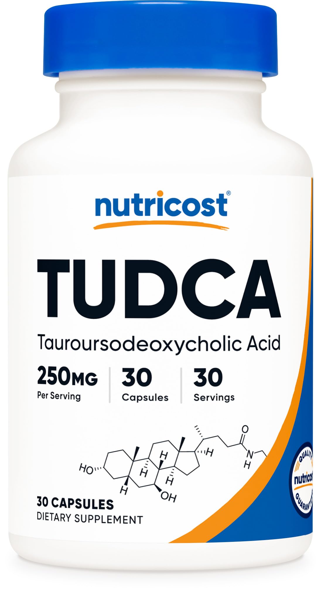 Nutricost Tudca 250 mg, frasco frontal, cápsulas fáciles de incorporar en la rutina diaria