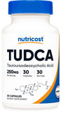 Nutricost Tudca 250 mg, frasco frontal, cápsulas fáciles de incorporar en la rutina diaria