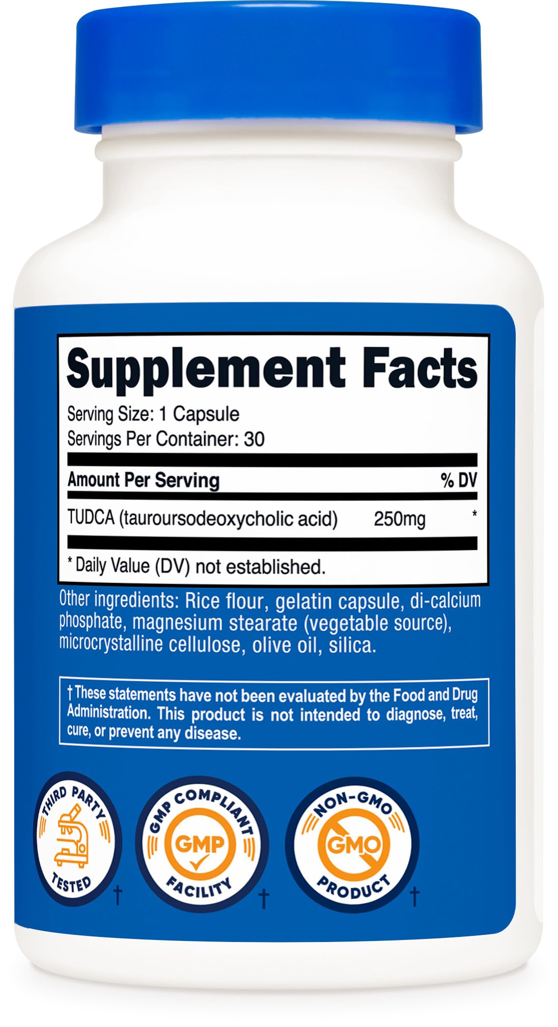 Presentación Nutricost Tudca 250 mg: sin gluten y sin GMO