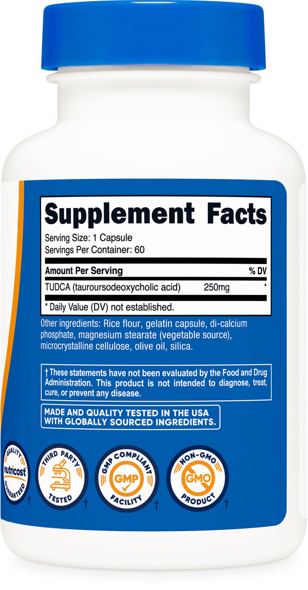 Nutricost Tudca 250mg, tapa de botella: seguridad y apertura fácil.