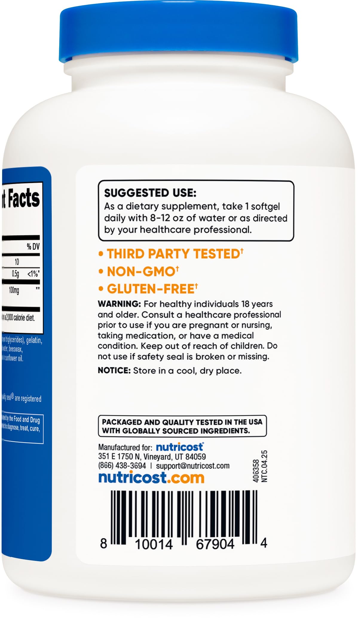 Nutricost Ubiquinol Cápsulas Blandas: detalle de cápsula para uso diario sin gluten.