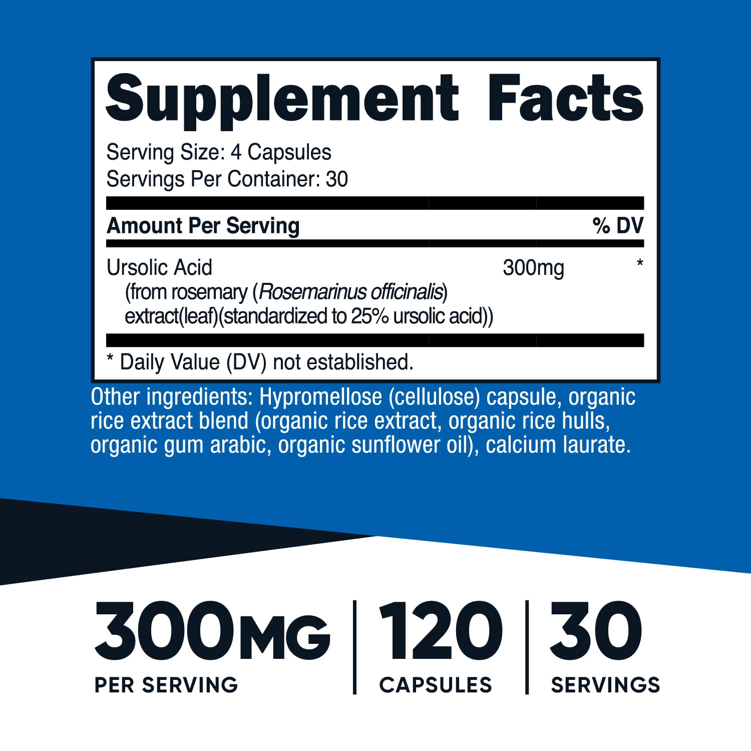 Etiqueta del producto Nutricost Ursolic Acid 300 mg destacando pureza y calidad.