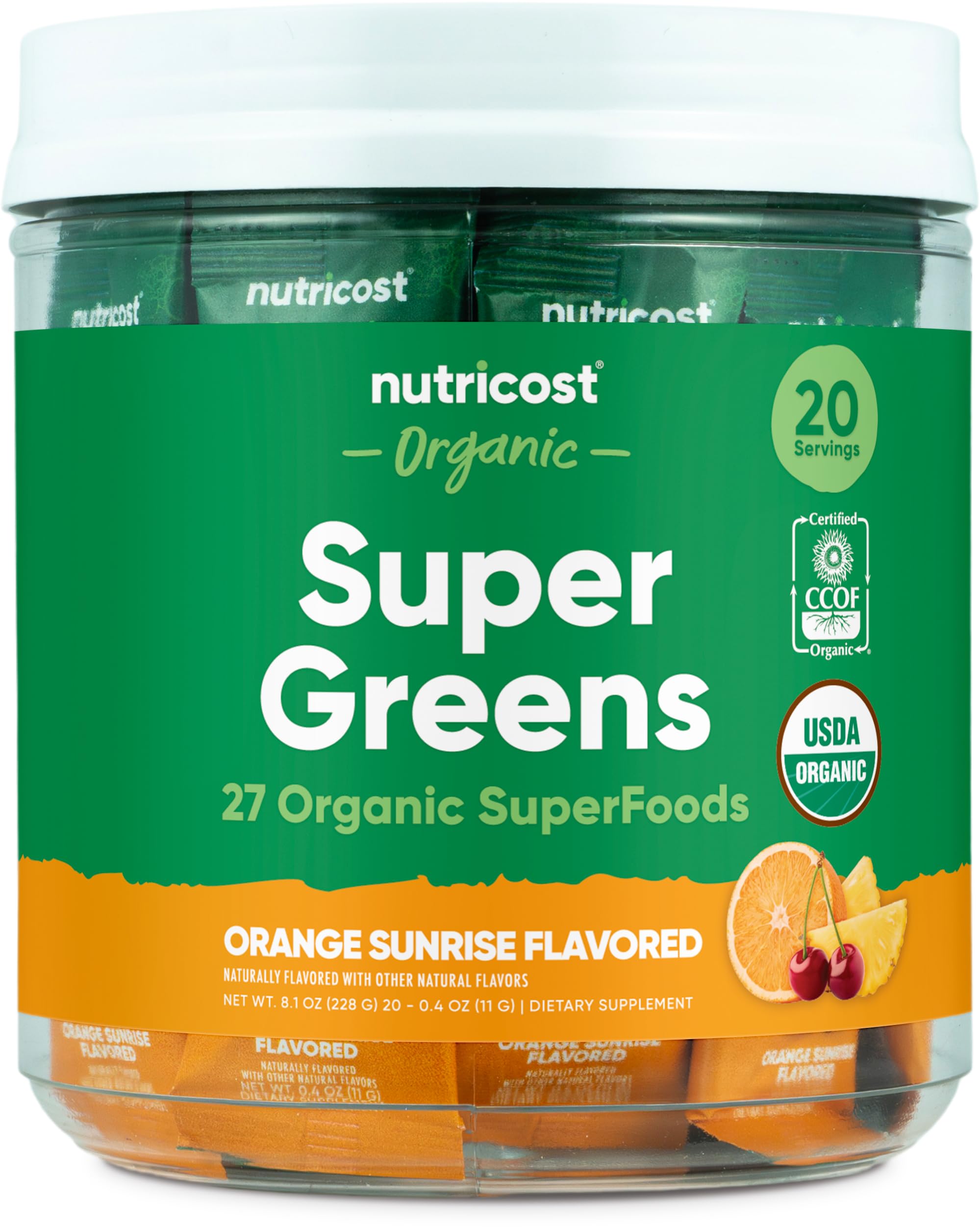 Nutricost Verdes Orgánicos: la caja muestra el envase y su sabor naranja amanecer, conveniente para llevar